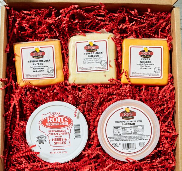 Medium Cheddar, Pepper Jack, Colby, Herbs & Spice Spread, and Cheddar Spread create a great Wisconsin gift.