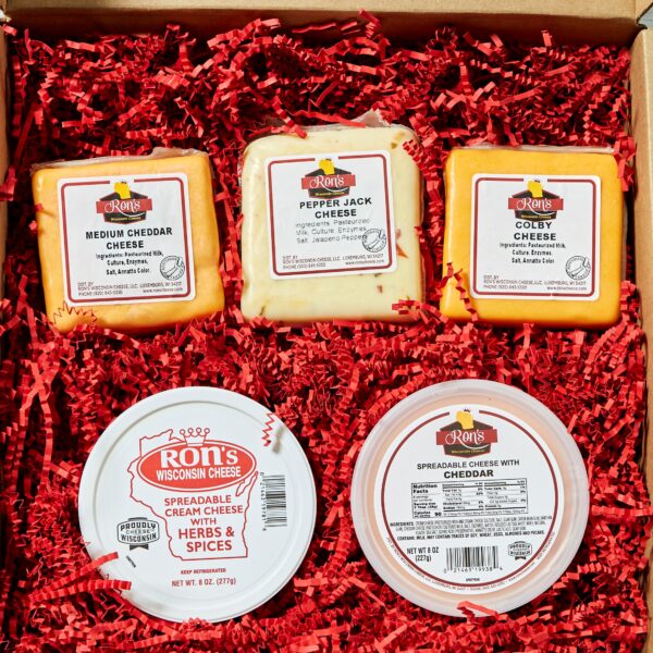 Medium Cheddar, Pepper Jack, Colby, Herbs & Spice Spread, and Cheddar Spread create a great Wisconsin gift.